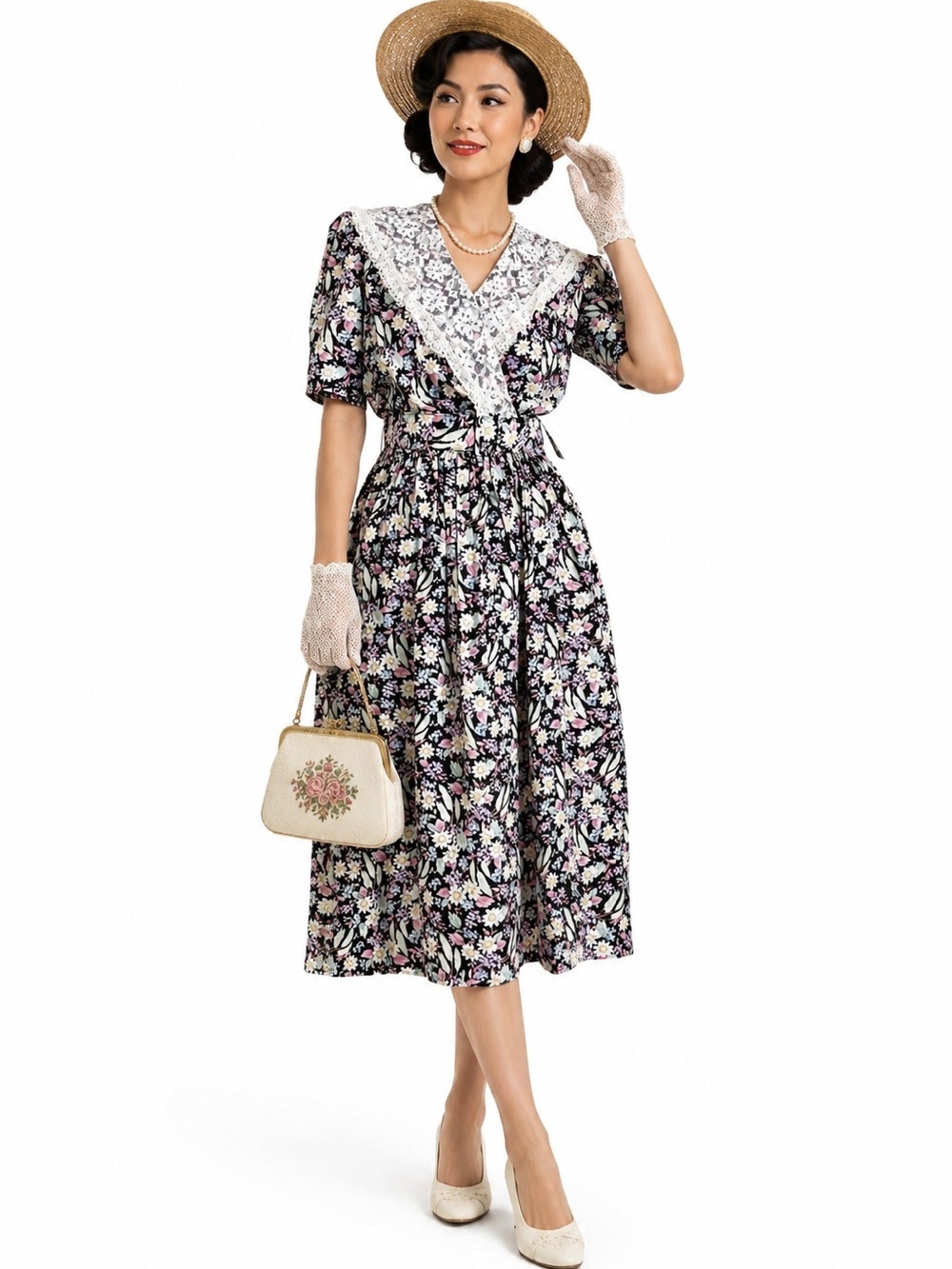 NWT Vintage 80s LADY CAROL Newyork Lace Floral Cottage Core midi dress size L